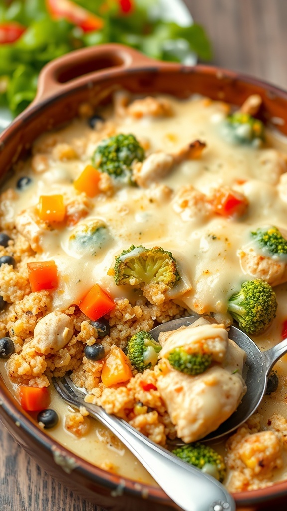 A delicious chicken and quinoa casserole topped with melted cheese and colorful vegetables in a baking dish.